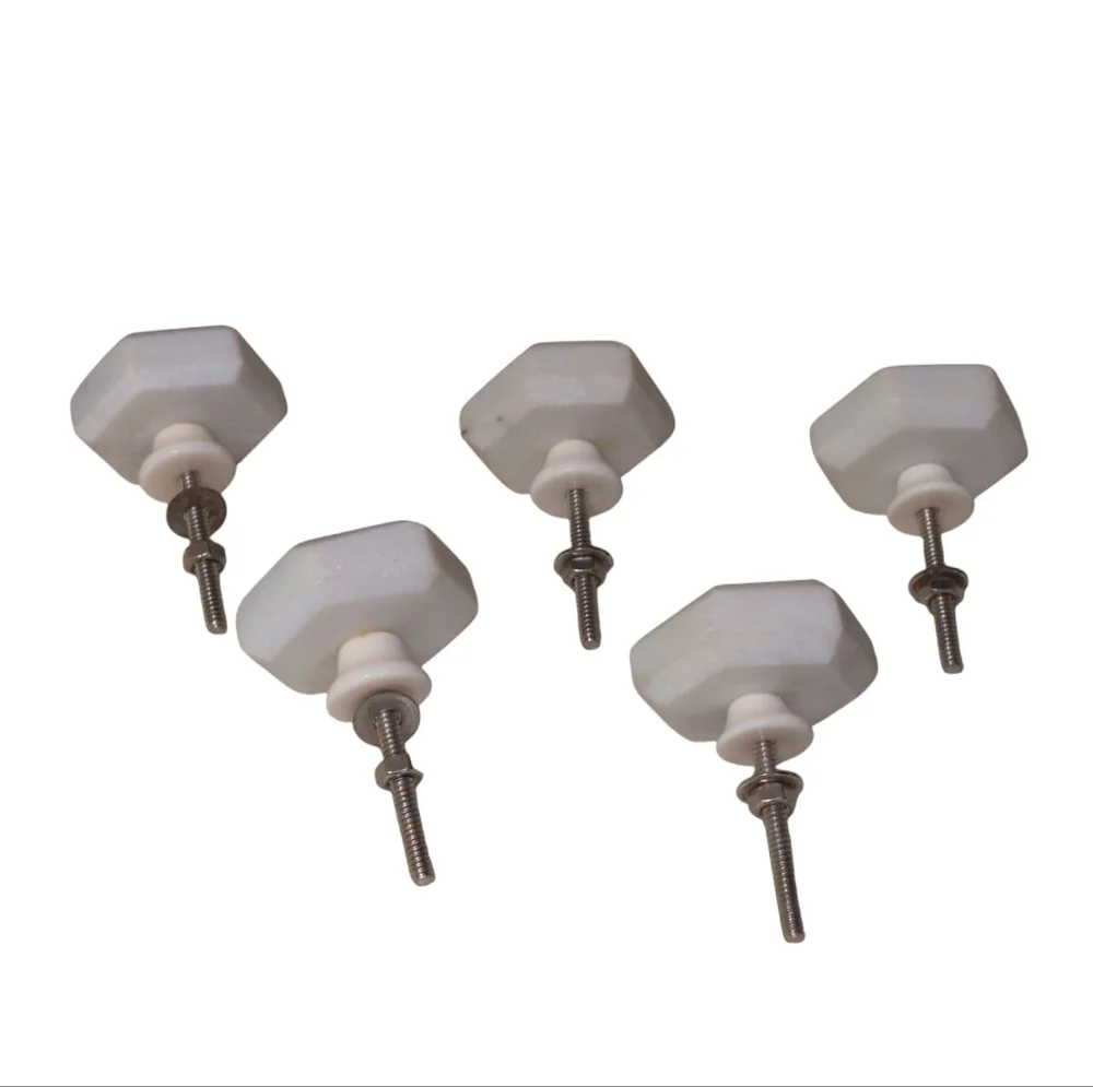 Set Of 5 Hexagon Shaped White Stone Hardware Drawer/Cabinet Pulls Handles Knobs